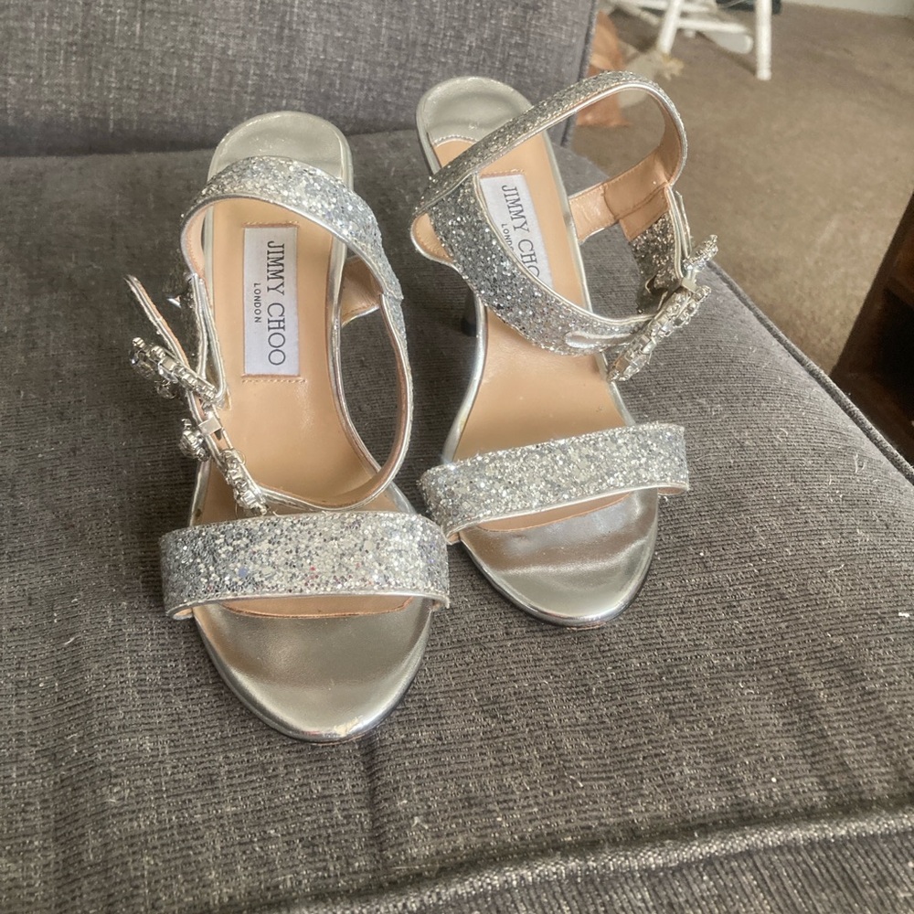 Jimmy Choo Silver Glitter Sandals. NOT AVAILABLE